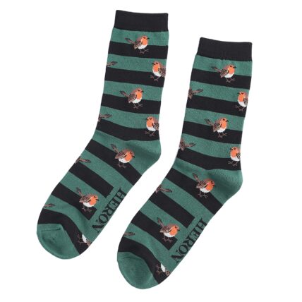 Mr Heron Robins & Stripes Socks Green-3430
