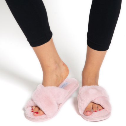 Faux Fur Cross Over Slippers Pink-0