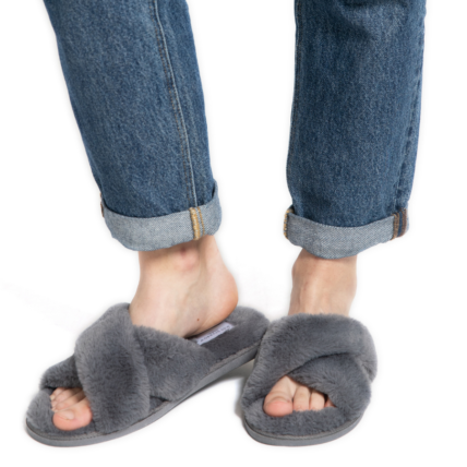 Faux Fur Cross Over Slippers Charcoal-4508