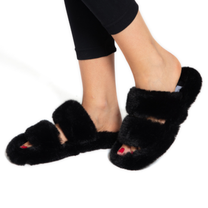 Faux Fur Double Strap Slippers Black-4492