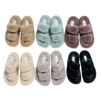 Faux Fur Double Strap Slippers Grey-4591