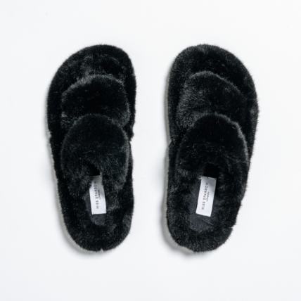 Faux Fur Double Strap Slippers Black-4582