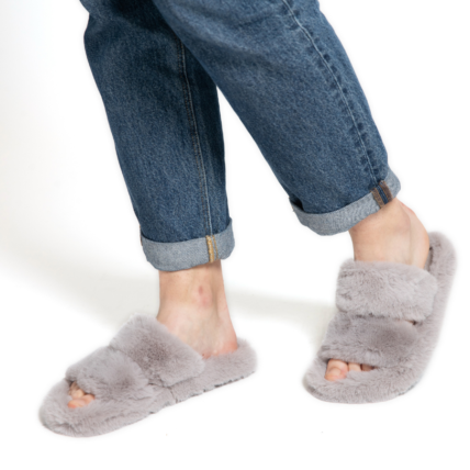 Faux Fur Double Strap Slippers Grey-4501