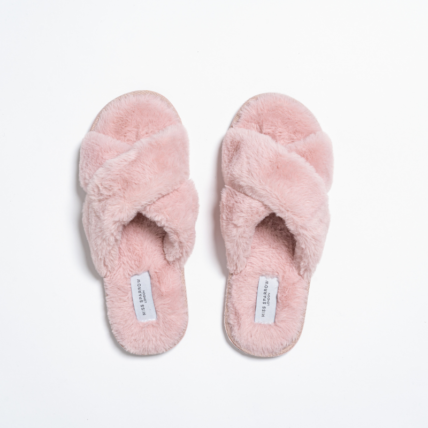 Faux Fur Cross Over Slippers Pink-4572
