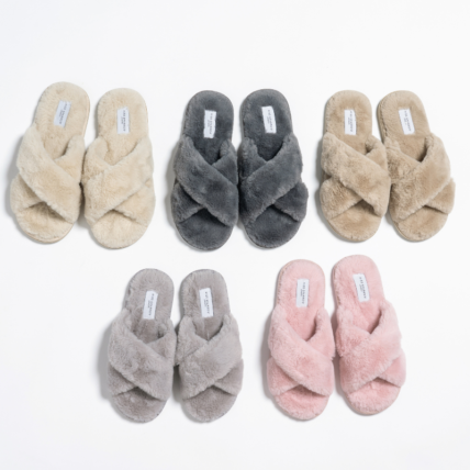 Faux Fur Cross Over Slippers Grey-4577