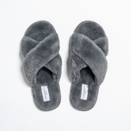 Faux Fur Cross Over Slippers Charcoal-0