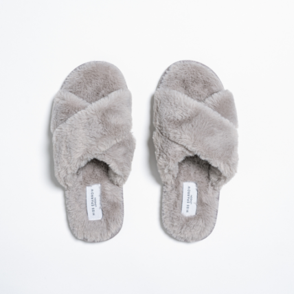 Faux Fur Cross Over Slippers Grey-4576
