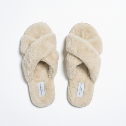 Faux Fur Cross Over Slippers Cream-4580