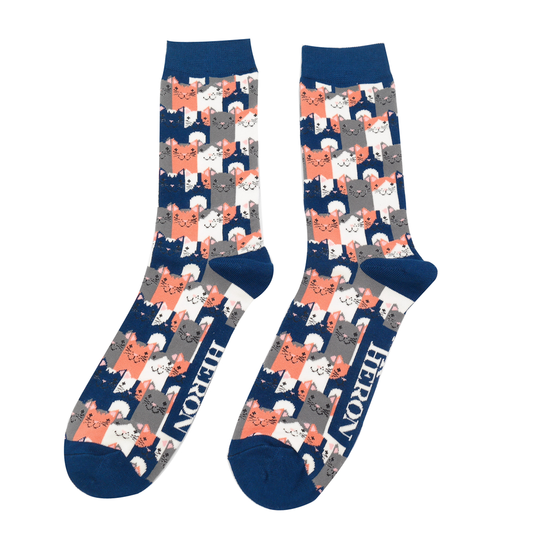 Mr Heron Happy Cats Socks Navy