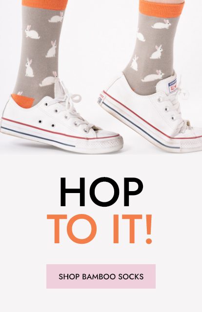 mobile banner showing orange and grey rabbit socks and text 