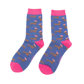 Sausage Dog Santa Socks Denim-0