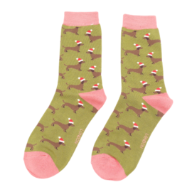 Sausage Dog Santa Socks Olive-0