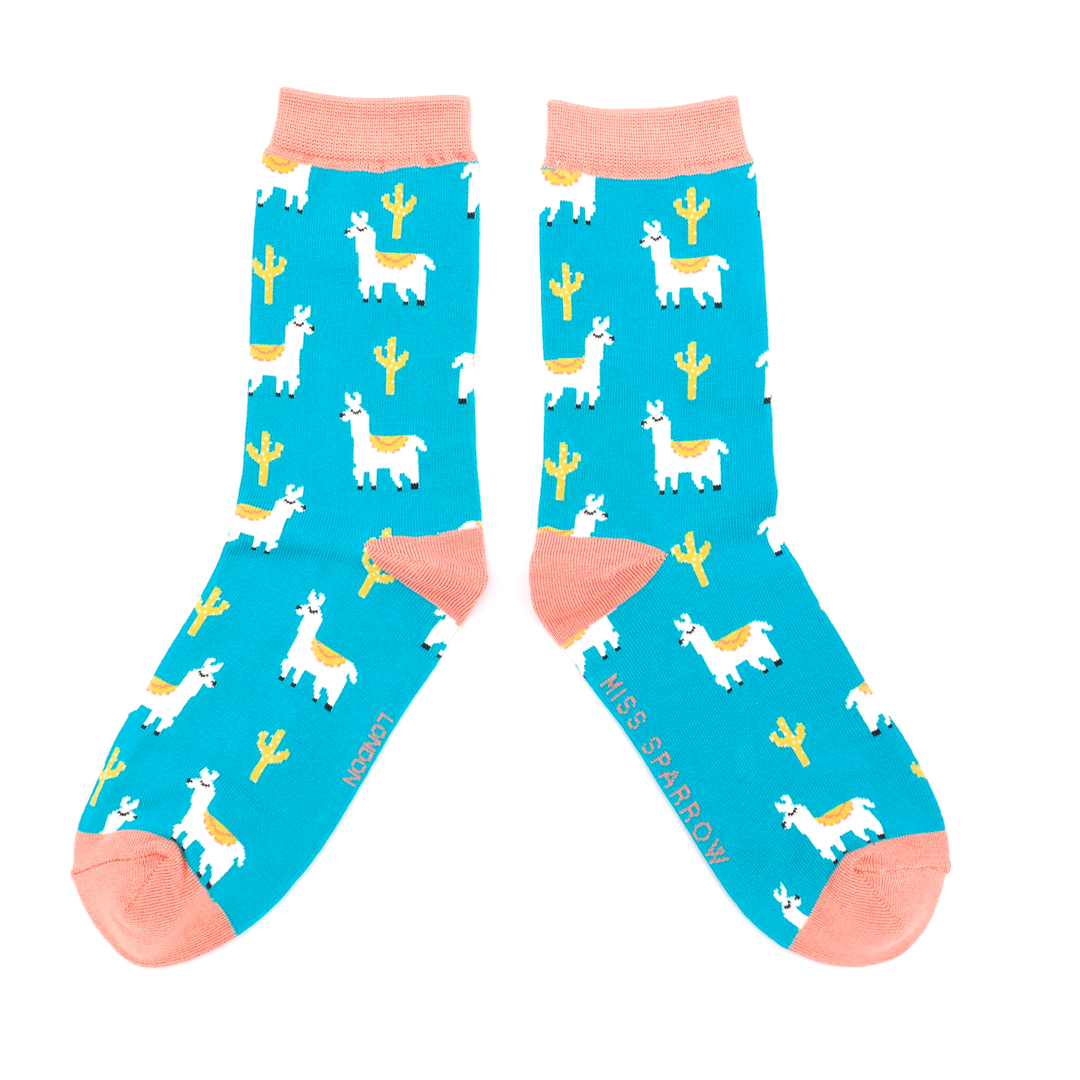 Llama & Cactus Socks Teal - Miss Sparrow