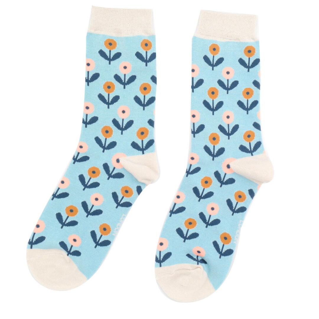 Fun Floral Socks Duck Egg - Miss Sparrow